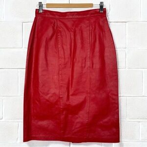 Vintage 80s Retro Western High Rise Lined Knee Length Leather Pencil Skirt Red 8